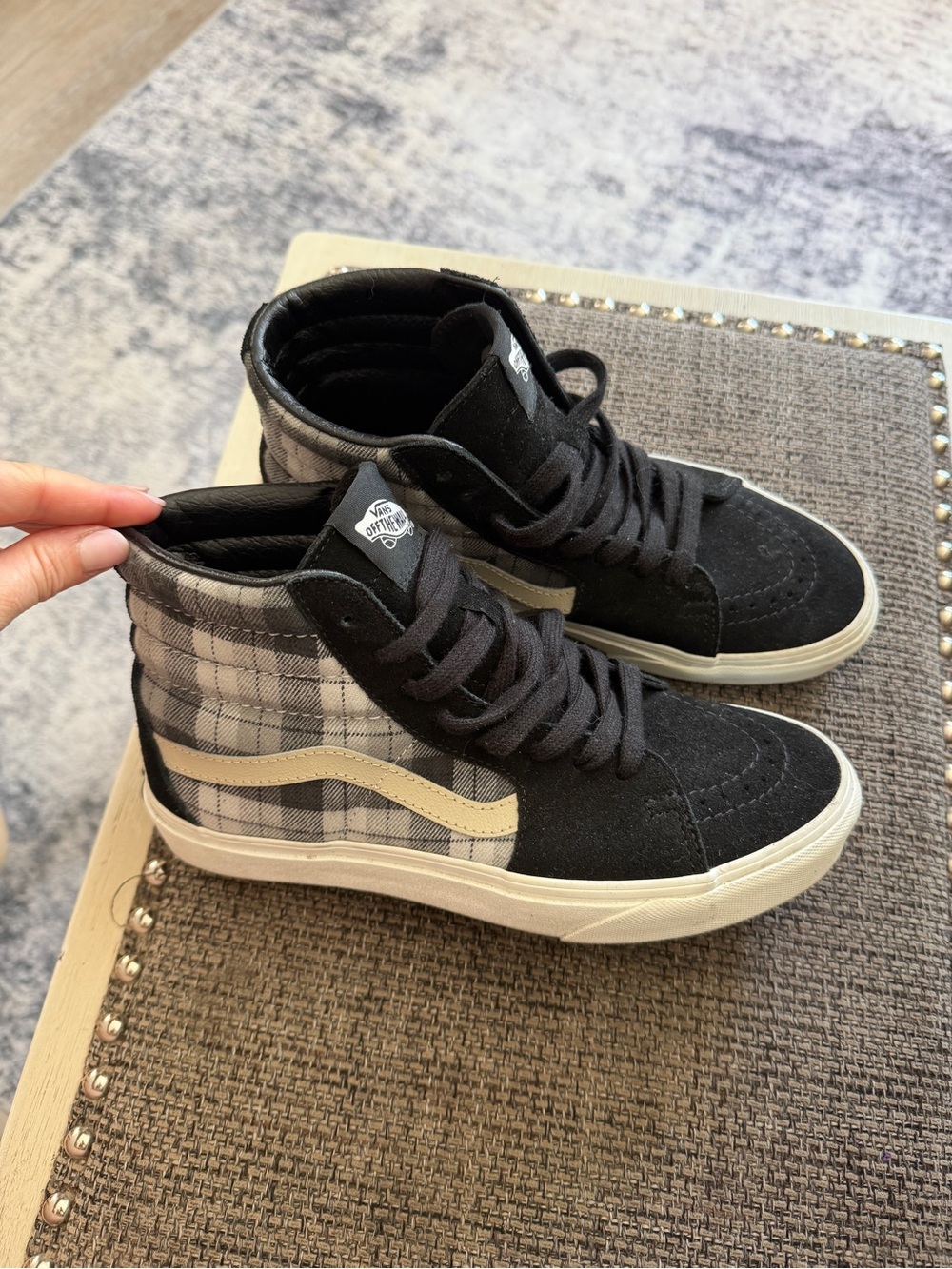 High-Top Plaid Canvas Sneakers - Black and Cream
